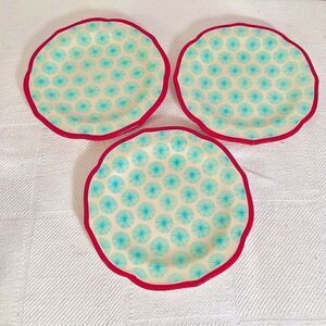 Set Of 3 The Pioneer Woman Happiness Turquoise Red Scallop Rim Salad Plate 8.5”.